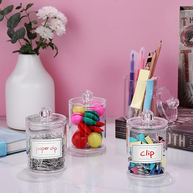 AOZITA 3 Pack Acrylic Qtip Holder Dispenser for Cotton Swab, Ball, Round Pads, Floss Picks - 10 oz Clear Plastic Apothecary Jar Set for Bathroom Canister Storage Organization, Vanity Makeup Organizer