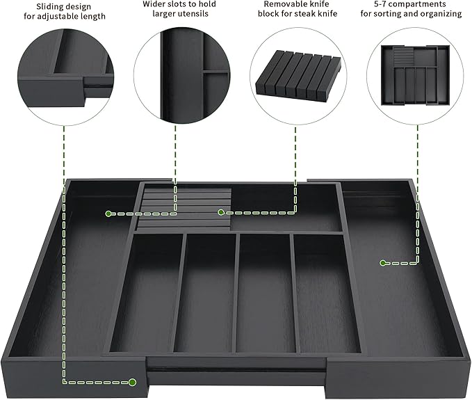 VaeFae Bamboo Silverware Drawer Organizer Kitchen, Expandable Utensil Organizer with Knife Block, Cutlery Tray with Divider, Multifunctional Drawer Organizer (Black)