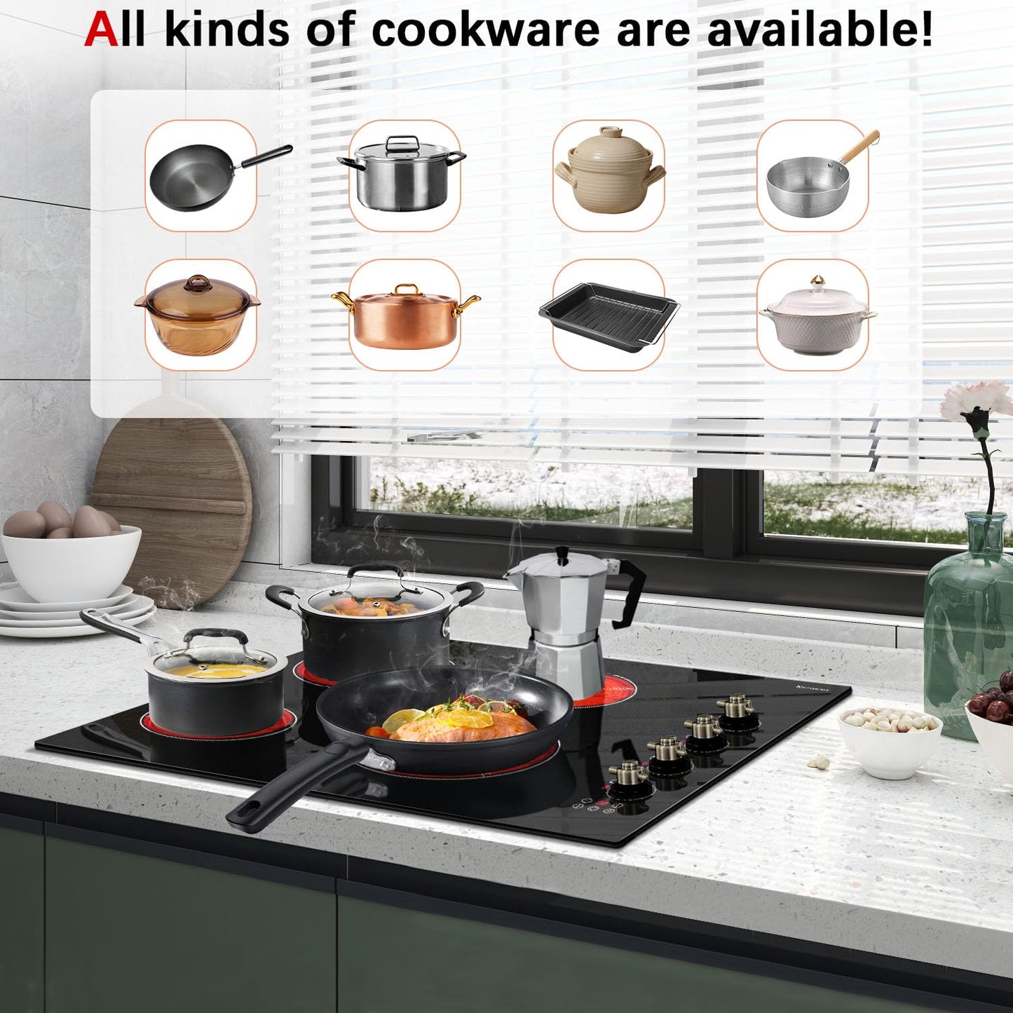Karinear Electric Cooktop 30 Inch, 4 Burners Electric Stove Top, Built-in Radiant Cooktop with Expandable Burner, Knob Control, Safety Lock, Timer, 6700W 220~240V Hard Wired(No Plug)
