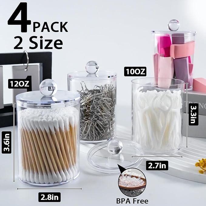 XIPENGKEJI 4 Pack Qtip Holder,Canister Apothecary Jar Set, Bathroom Jars with Lids Set for Cotton Swabs, Balls, Pads, Floss Picks,10oz-12oz Plastic Canisters Restroom Bedroom Vanity Organizer
