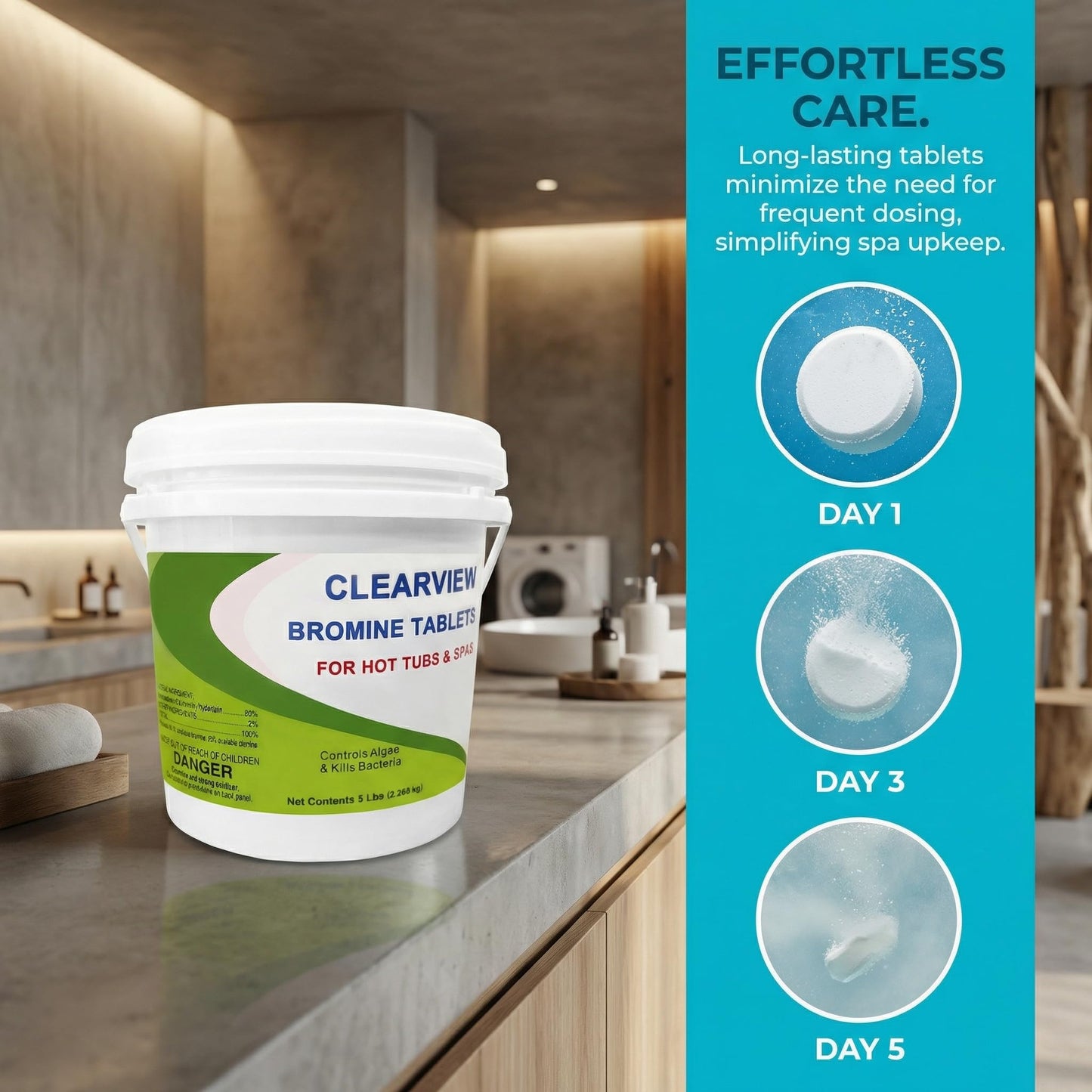 ClearView Bromine Tablets 5 Lbs for Hot Tubs and Spas, Slow Dissolving Sanitizer Brominating Tabs, Kills Bacteria & Algae