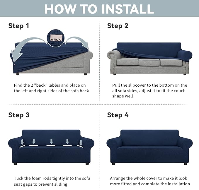 LURKA Stretch Oversized Sofa Slipcovers 1 Piece Couch Covers for 3 Cushion Couch Sofa Furniture Protector Full Sofa Covers with Elastic Bottom for Kids and Pet (X-Large, Navy)