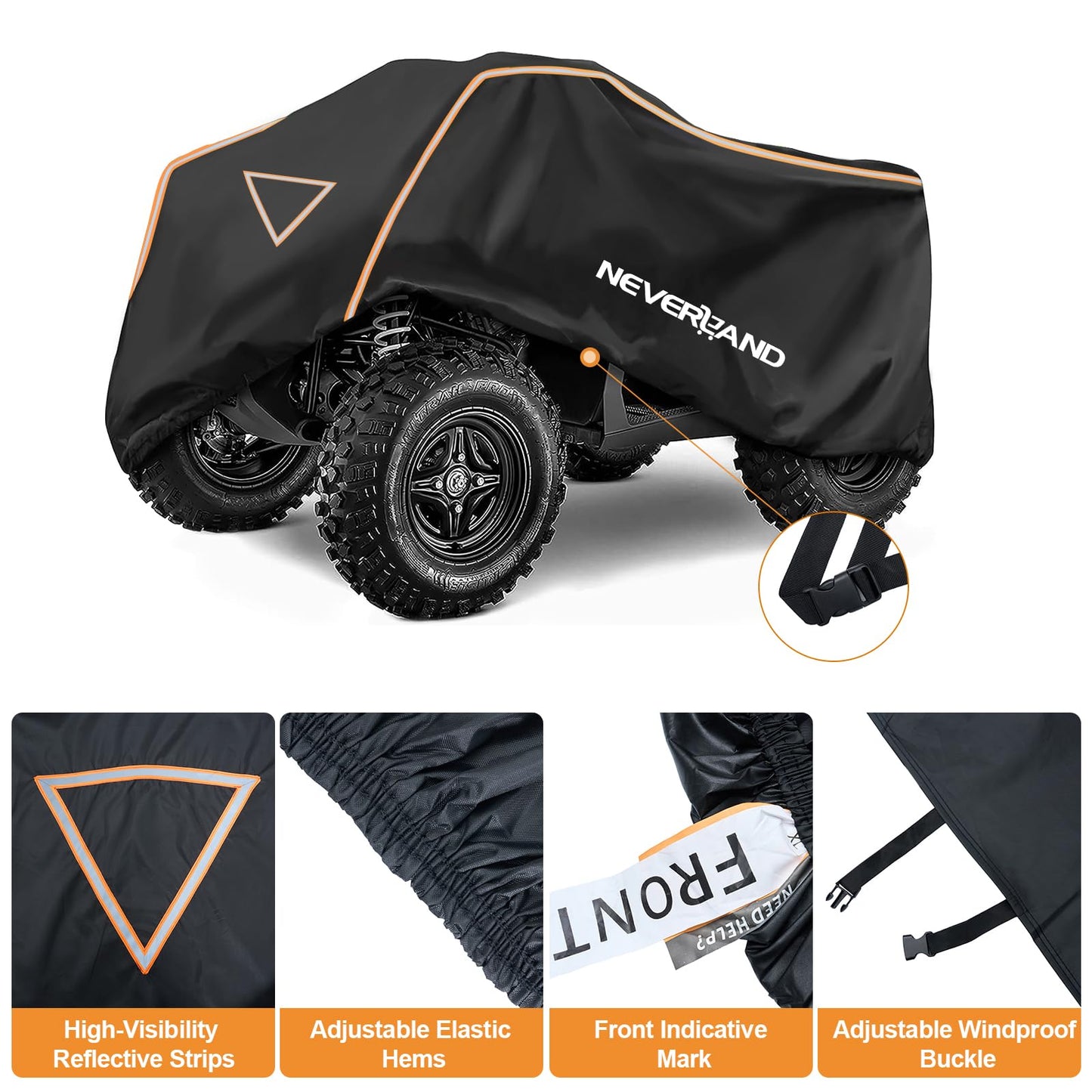 NEVERLAND ATV Cover 420D Waterproof Heavy Duty 4 Wheeler Cover Quad Cover All Season Weather Proof Outdoor UV Protection for Polaris Yamaha Suzuki Honda (Black & Orange Large)