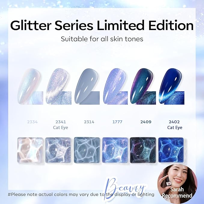 modelones Gel Nail Polish Set, 6 Colors Winter Icy Blue Collection Glitter Gel Polish Galaxy White Dark Blue 9D Cat Eye Nail Polish with Magnet Soak Off Led Nail Art Kit Salon DIY Gift