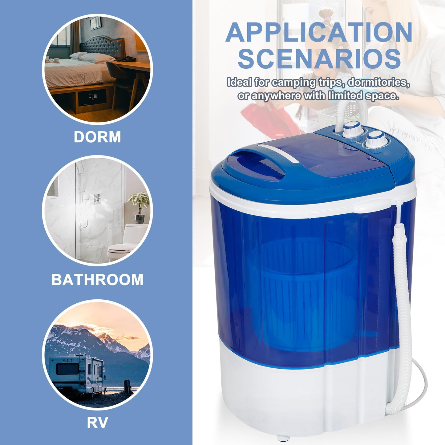 SUPER DEAL Portable Washing Machine, Single Tub Small Laundry Washer 5.7 lbs Washing Capacity for Apartments, Dorms,Traveling, RV, Semi-automatic Laundry 110V, Blue