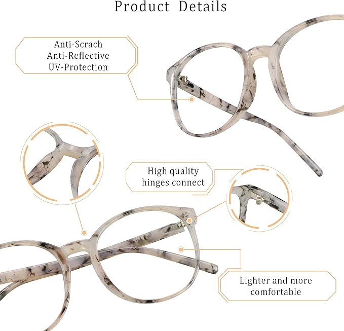 LifeArt Round Blue Light Blocking Glasses, Computer Glasses, Gaming Glasses, TV Glasses for Women Men (Marble, 4.50 Magnification)