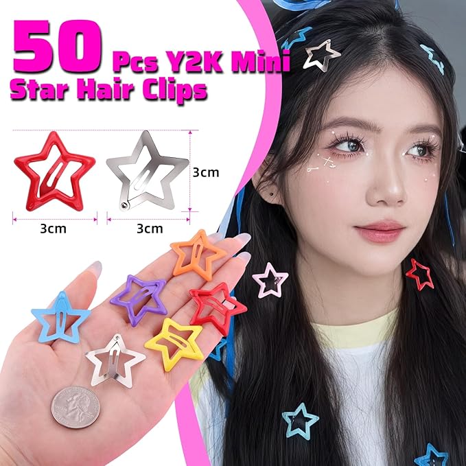 50 PCS Colorful Hair Clips Silver Star Hair Clips, 1.18 Inch Y2K Accessories Silver Snap Clip, Non-Slip Small Star Barrettes Accessories for Girls Women, Cool Ornament Set for Rave Decor