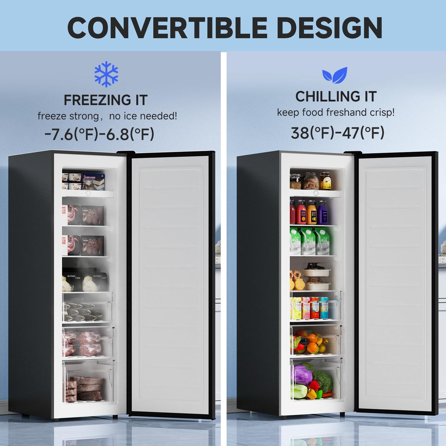 BANGSON Upright Freezer, 7.0 Cu.ft Stand Up Freezer, Convertible Upright Freezer/Refrigerator, Single Door for Kitchen,Garage, Office, Apartment, Black