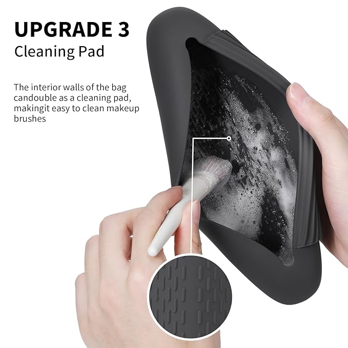 2 IN 1 Silicone Makeup Brush Holder with Beauty Make Up Sponge Holder Case：Soft Portable Cosmetic Face Brushes Holder with Upgrade Anti-Fall Out Magnetic Closure - Grey