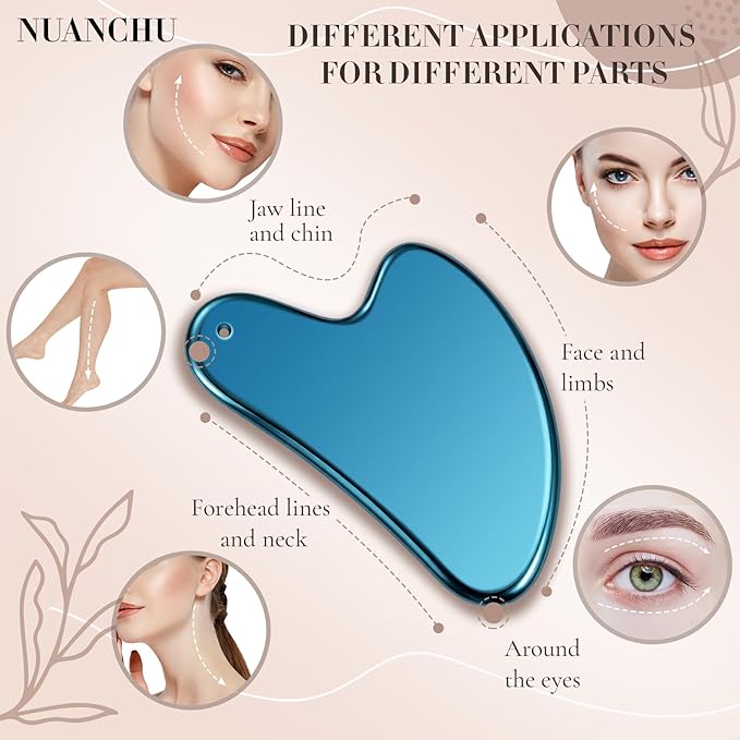 Nuanchu Stainless Steel Gua Sha Facial Tools Metal Guasha Tool for Face Body Jawline Shaper, Double Chin Reducer, Puffiness Reducing, Lymphatic Drainage Massager Skin Care Gift with Pouch(Blue)