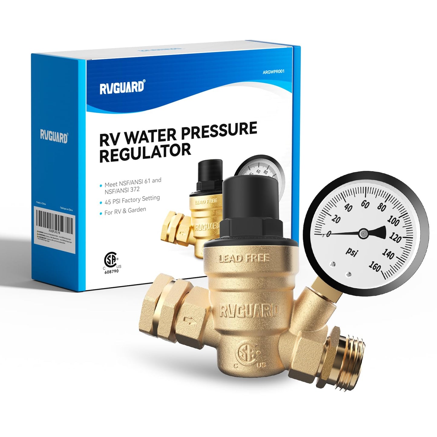 RVGUARD RV Water Pressure Regulator Valve, CSA Approved, Lead-Free Brass Adjustable Water Pressure Reducer with Gauge and Inlet Screen Filter for RV Camper Travel Trailer
