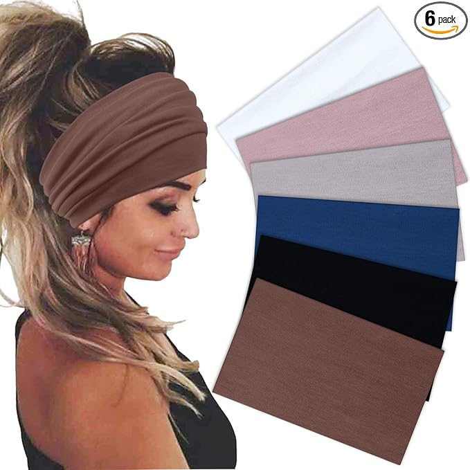 Sefiinh Wide Headbands For Women Stretch Headband Boho Head Bands Women's Hair Band Turban Workout Hairband Accessories 6 Pack