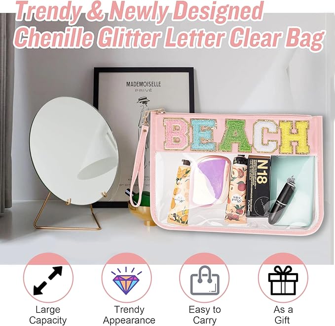 Izuzta Chenille Letter Clear Bag Beach Purse, Monogram PVC & PU Zipper Pouch with Wristlet, Waterproof Portable Glitter Snacks Makeup Toiletry Bag for Women Girls (BEACH-Pink)