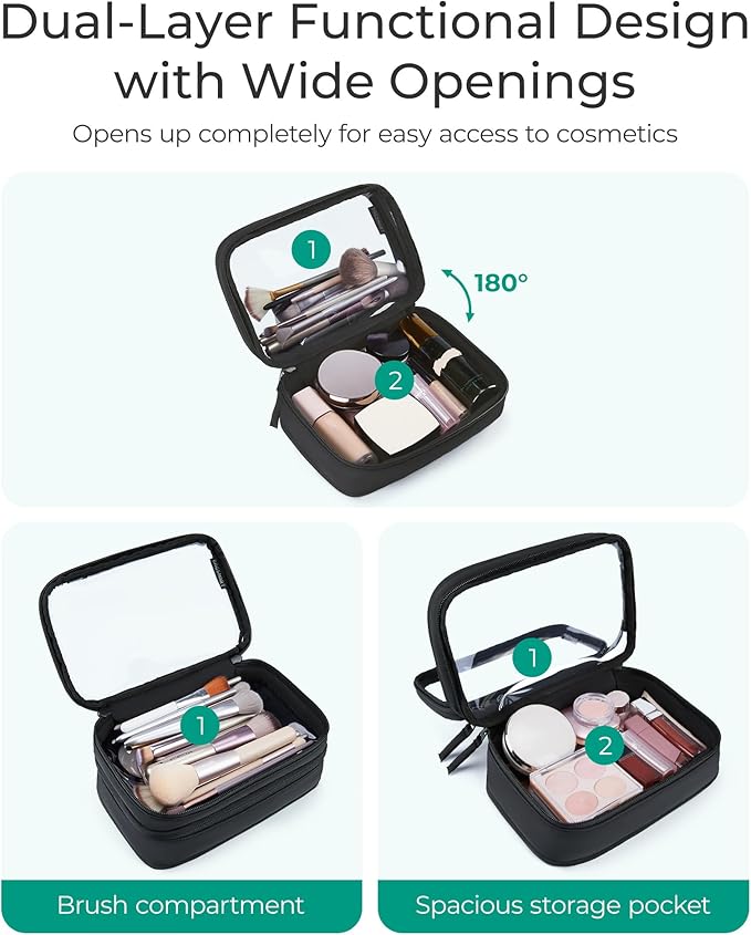 BAGSMART Double Layer Clear Makeup Bag, TSA-Approved Toiletry Bag, Large Opening with Handle, Cute Water-Resistant Travel Cosmetic Bag with Double Zipper for Car Essentials(Black)