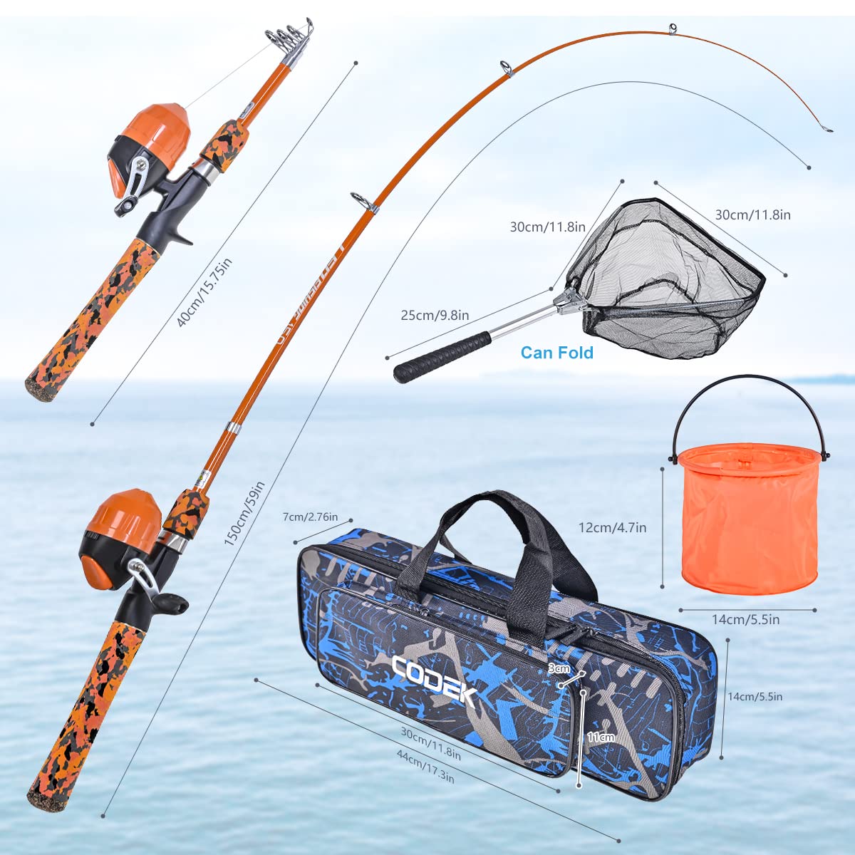 CODEK Kids Fishing Pole Set with Full Starter Kits 2 Set Portable Telescopic Fishing Rod and Spincast Reel Cambos with a Fishing Net and 2 Buckets for Boys Girls and Youth (Orange)