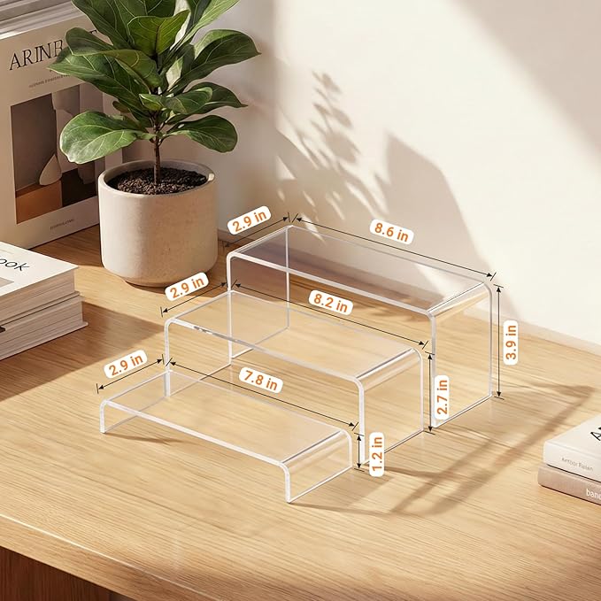 FUNFERY Acrylic Display Risers,2 Sets(7.8" L~8.2" L~8.6" L) Display Stand Shelf for Figure,Collectibles,Cupcake,Clear Acrylic Risers for Displays Case Cabinet,Dessert Table,Shelf Riser for Decor,Food