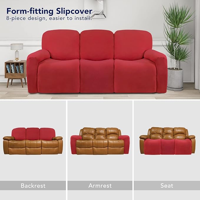 PureFit Super Stretch 3 Seats Recliner Sofa Couch Cover with Pocket – Non Slip Soft Sofa Slipcover, Washable Spandex Reclining Furniture Protector for Kids, Pets (Recliner Sofa, Red)