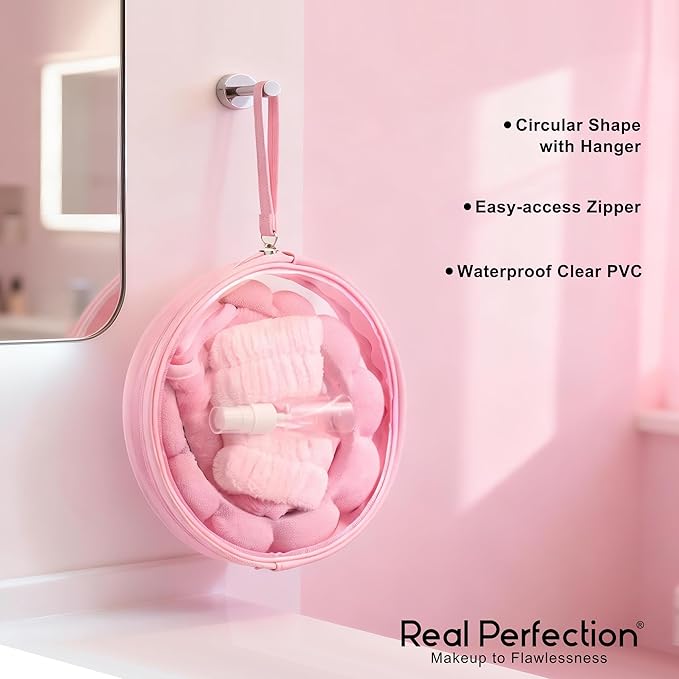 Real Perfection Spa Headband for Washing Face, Skincare Headband Wristband Set for Women, Reusable Machine-Washable Makeup Remover Towel Cloth, 1oz Small Spray Bottle with Travel Makeup Bag - Pink