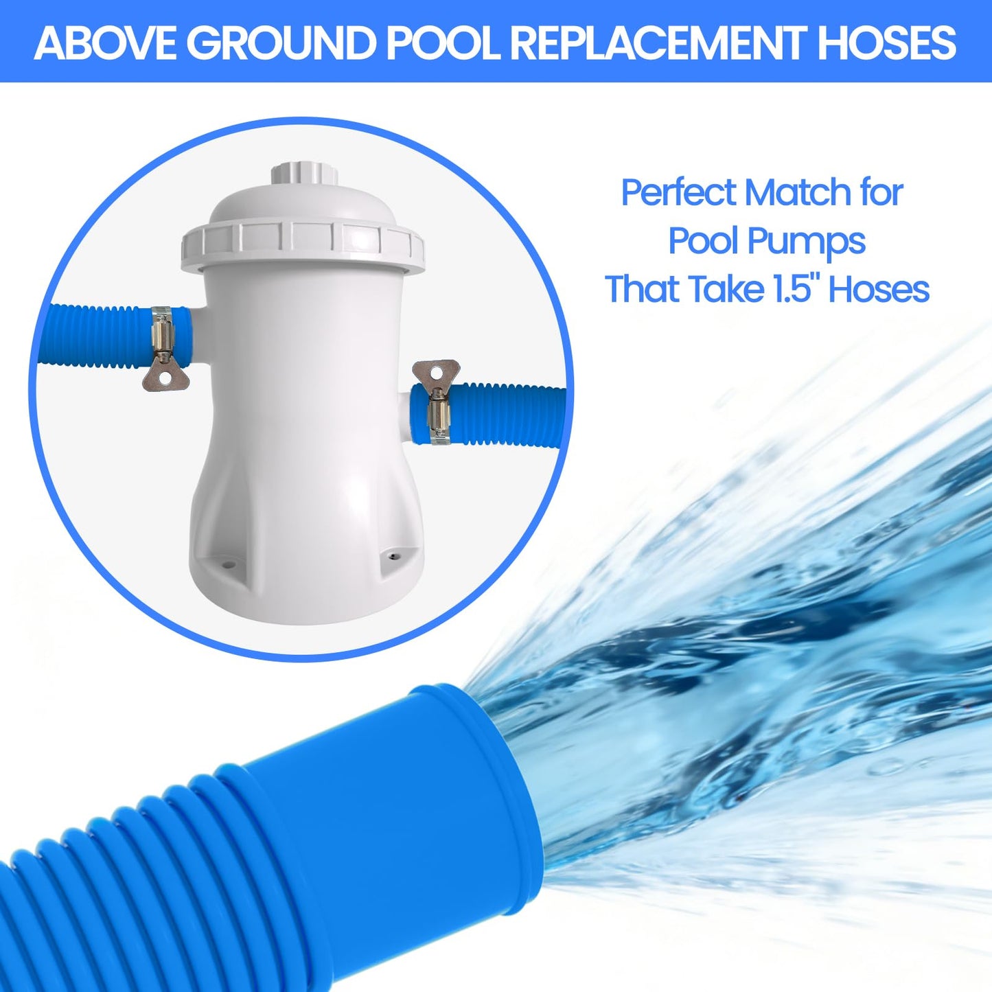 Poolvio 1.5" x 59" Above Ground Pool Hoses, 3-Pack, Blue- Heavy Duty UV Resistant Leak-Proof Replacement Hoses with 6 Metal Thumb Clamps, Perfectly Fits Intex Filter Pumps & Pool Surface Skimmers