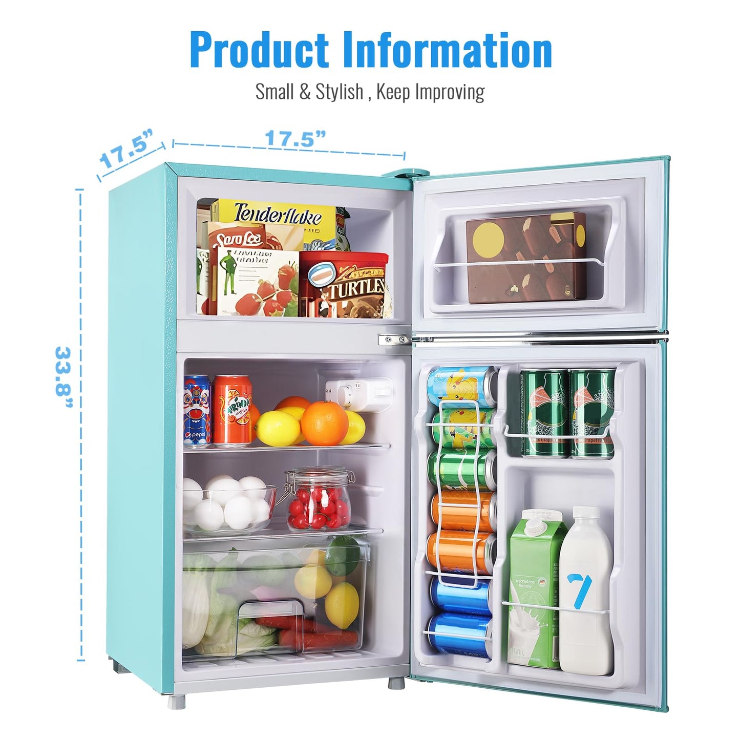 WANAI 3.5 Cu.ft Retro Mini Fridge with Freezer Small Retro Dual Door Refrigerator Freestanding Compact Refrigerator with Freezer 2 Door Mini Fridge for Bedroom, Dorm, Office Blue