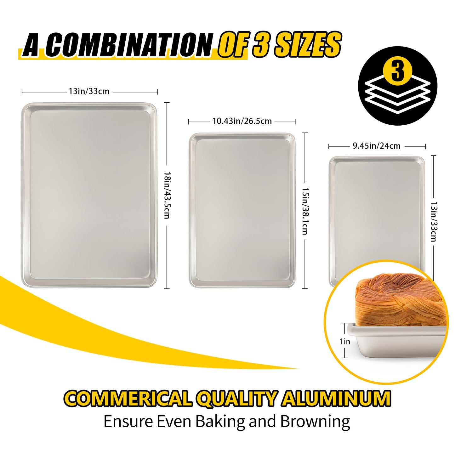 Baking Sheet Pan Set of 3, Commercial Quality Aluminum Cookie Sheets for Oven, Umite Chef Warp Resistant Baker's Half/Quarter/Jelly Roll Pans, Thick Cookie Tray Pans for Baking, Roasting