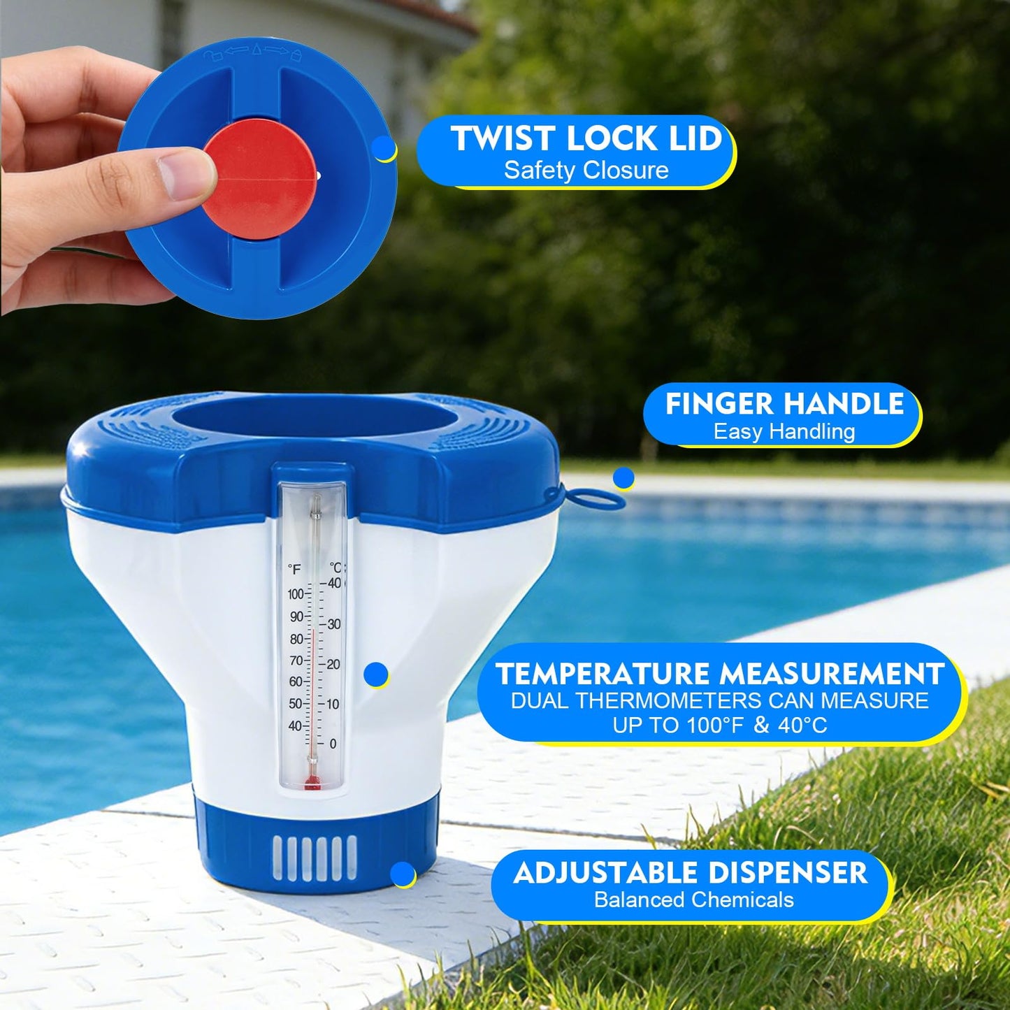 Pool Chlorine Floater Dispenser with Thermometer - 8" Pool Floater Pop-Up Refill Indicator Large Floating Chlorine Holder for 1 to 4 inch Tablets Floating Dispenser for Pools Spas Hot Tubs