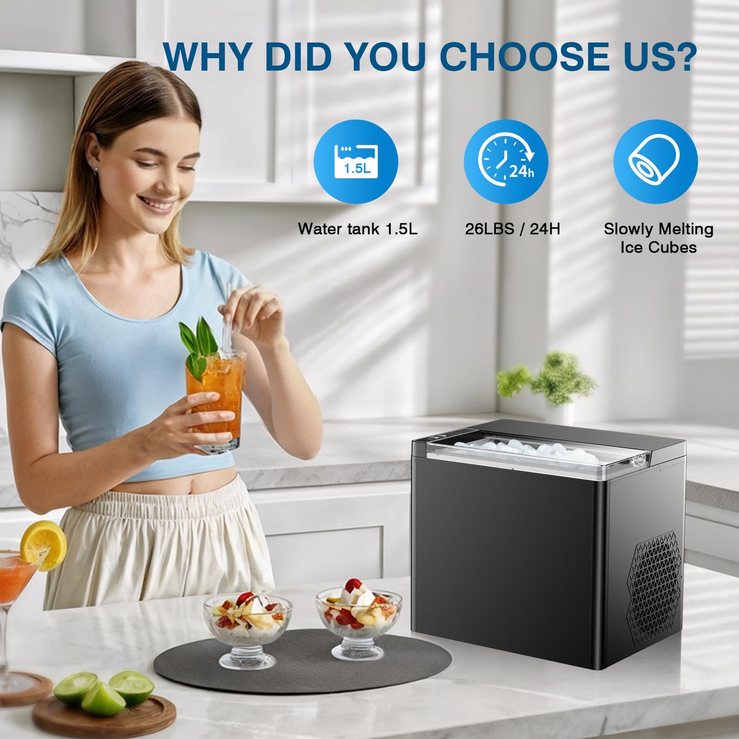 Ice Makers Countertop, 9 Ice Cubes in 6 Mins Portable Ice Maker, 2 Sizes of Bullet Ice (S/L) Small Ice Machine for Home Kitchen Camping (Raven)