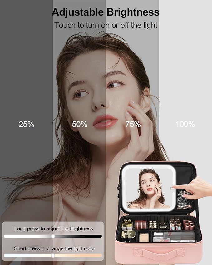 Relavel Travel Makeup Bag With LED Mirror, Portable Cosmetic Bag Organizer with Adjustable Brightness in 3 Color Scenarios, Small Cute Train Case with Detachable Dividers for Trip- Pink Strip