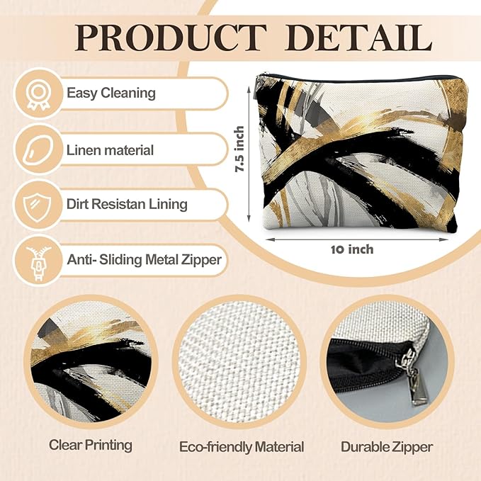 Abstract Black and Gold Makeup Bag, Boho Black White and Gold Cosmetic Bags for Women, Boho Gifts for Women, Mid Century Modern Zipper Makeup Pouch