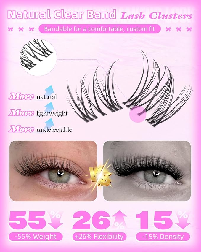 Wispy Lash Clusters Kit Venus Invisible Band Eyelash Clusters 8-16mm Lash Extension Kit Natural Lashes Clusters Eyelash Extension Kit with Thin Band Lash Cluster Clear Lash Glue and Tweezers by Wtvane