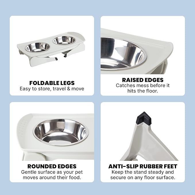 MalsiPree Elevated Dog Bowls for Small Dogs and Cats - 6.5" Raised Feeding Station with Spill-Proof Tray - Foldable Dog Bowl Stand with 2 Stainless Steel Bowls - Modern Scandinavian Pet Feeder, White