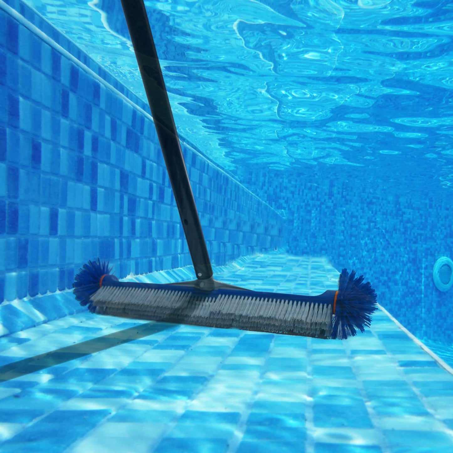 Poolvio Professional 17.5" Floor & Wall Pool Cleaning Brush with Tough Around Nylon Bristles, EZ Clip Aluminum Handle- Easily Sweep from Walls, Floors, Steps