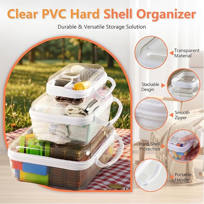 3PCS Travel Essentials for Toiletries with Handles, 1.2MM Thick Clear Hard Shell Zipper Case, Durable Makeup Bag for Cosmetics, Puzzles and Snacks, Clear Travel Bag for Diaper Bag Organizer