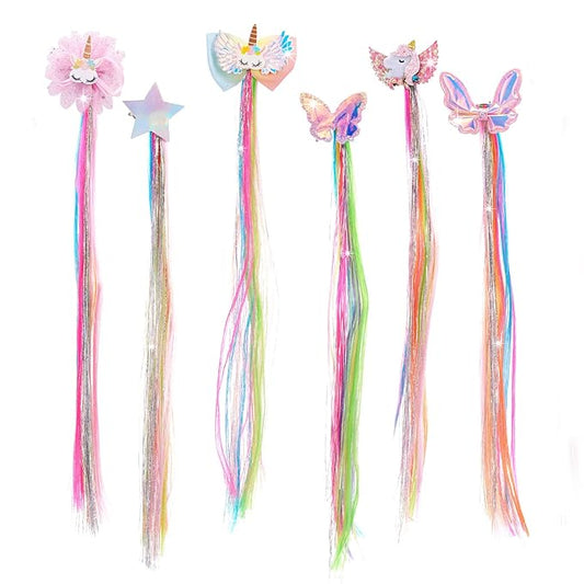 Little World 6 Pcs Rainbow Hair Extensions, Unicorn Hair Clips for Girls' Ponytails - Colored Accessories