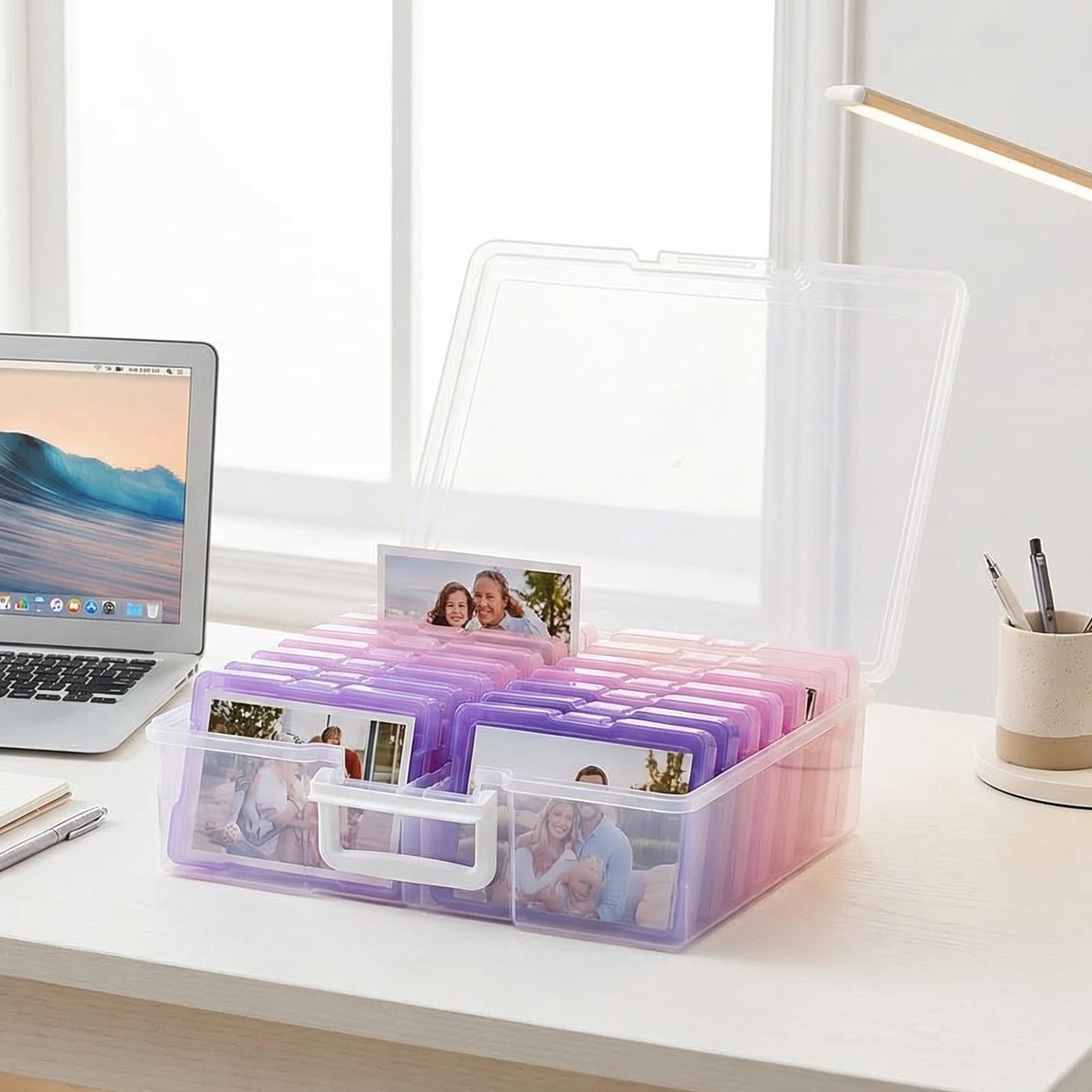 novelinks Transparent 4" x 6" Photo Cases and Clear Craft Keeper with Handle, 16 Inner Photo Organizers & Photo Storage Box, Plastic Photo Storage Containers (Pink Purple Gradient)
