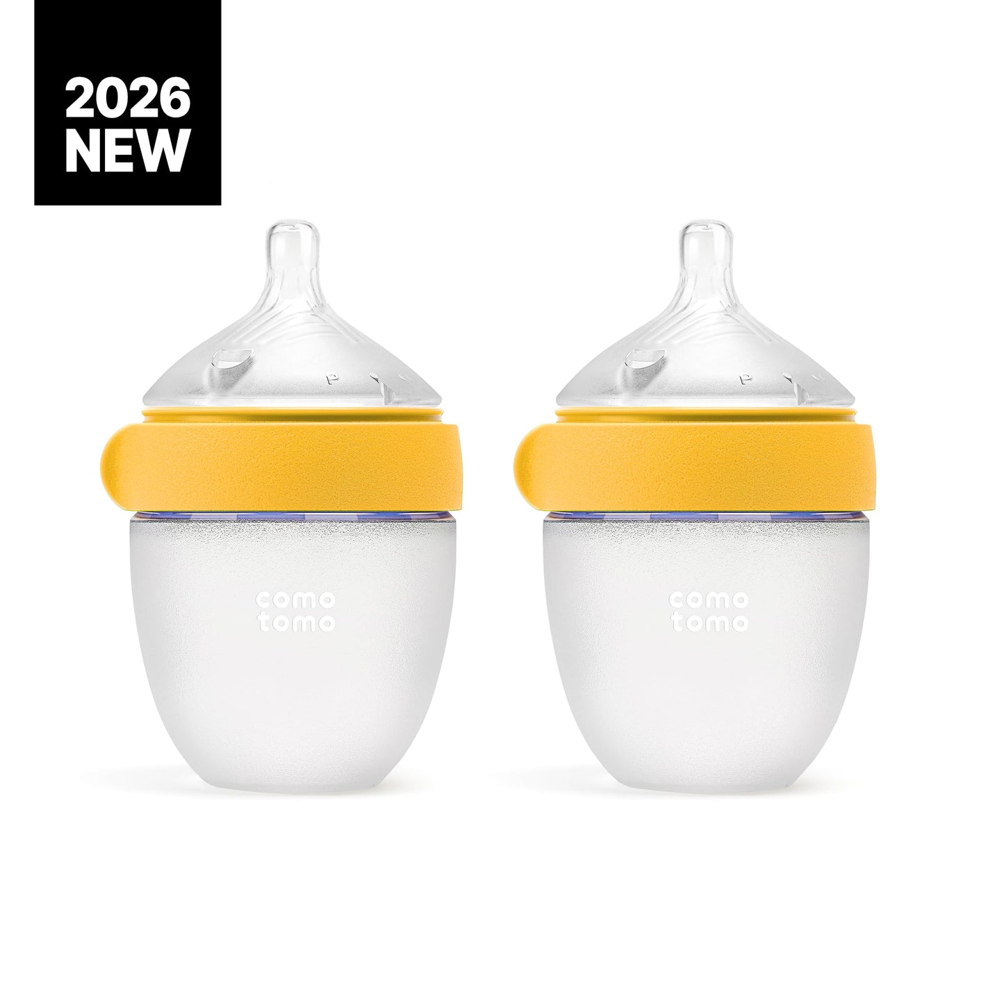 Comotomo Silicone Baby Bottle Gen 2 – 2026 Release (5oz) – True Slow-Flow Nipple for Newborn Feeding (0-3 Months) with Dual Anti Colic Vents for Breast to Bottle Transition, Yellow (Double Pack)