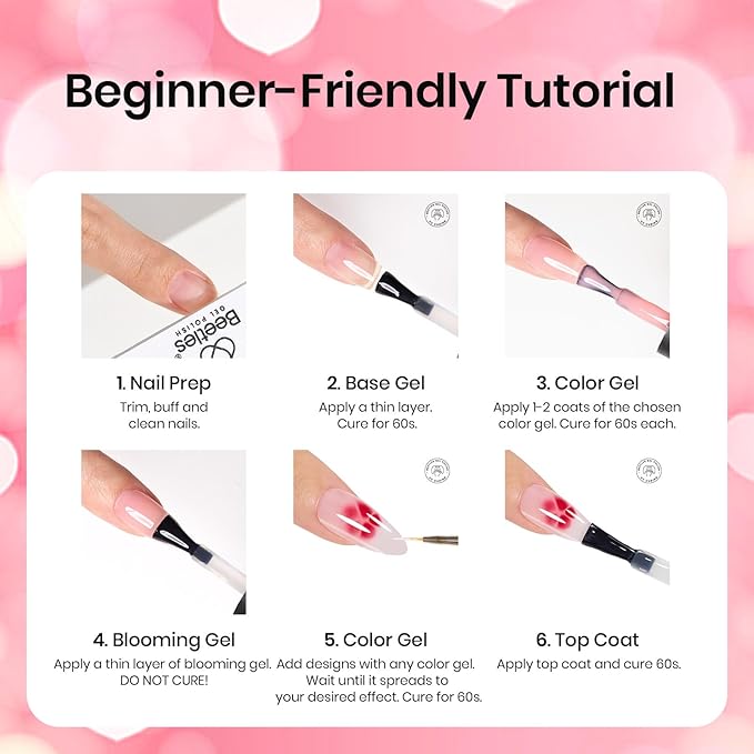 Beetles Blooming Gel Nail Polish Kit - Hema Free Clear Blooming Gel with Red Nail Polish & Nail Art Brush, Soak Off UV/LED for Flower Marble Watercolor Nail Designs DIY Gift Set