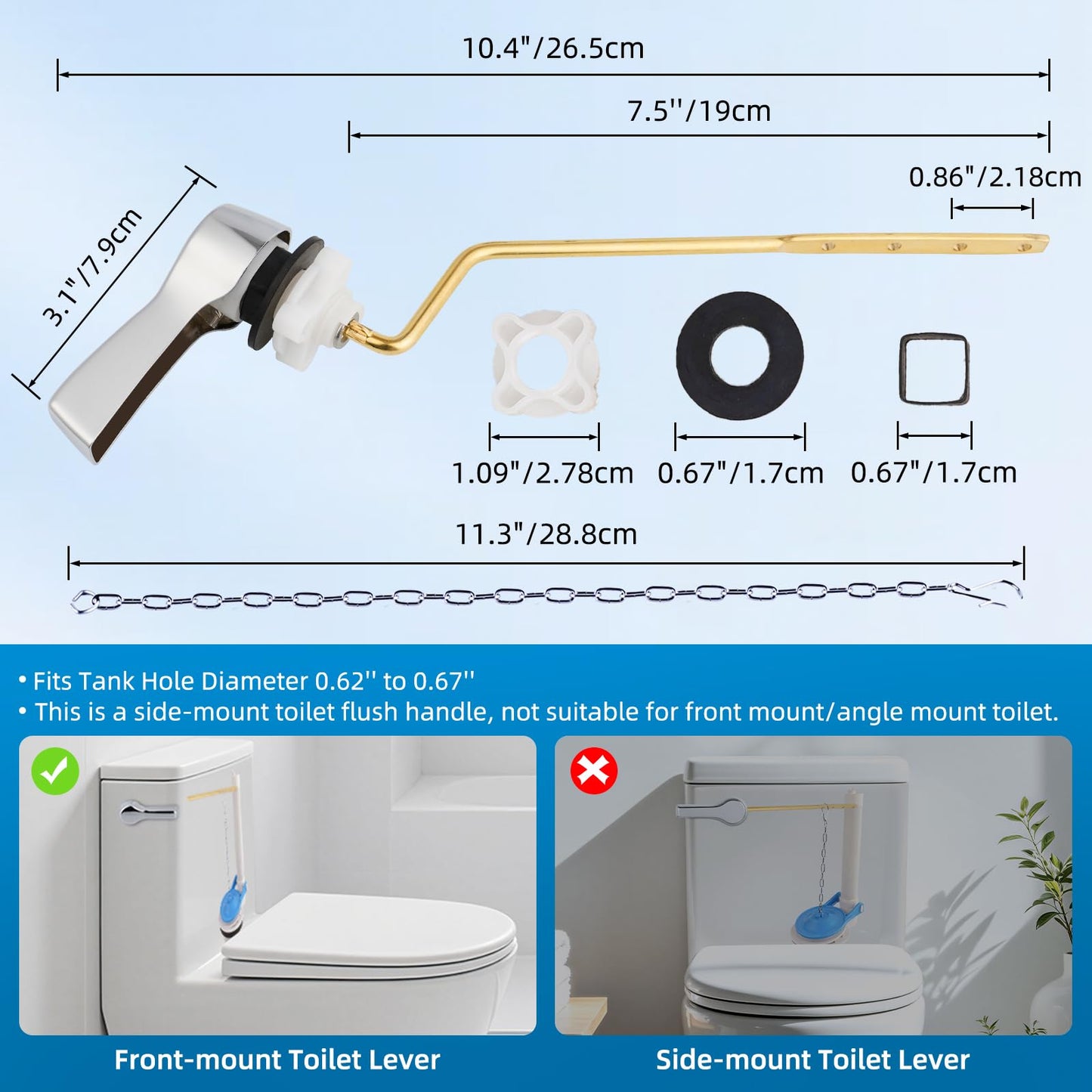Hibbent 2 Pack Universal Metal Side Mount Toilet Handle with Stainless Steel Flapper Chains, Brass Toilet Flush Lever Replacement Kit with 4 Adjustable Holes for Most Side-Mount Toilets, Chrome Finish