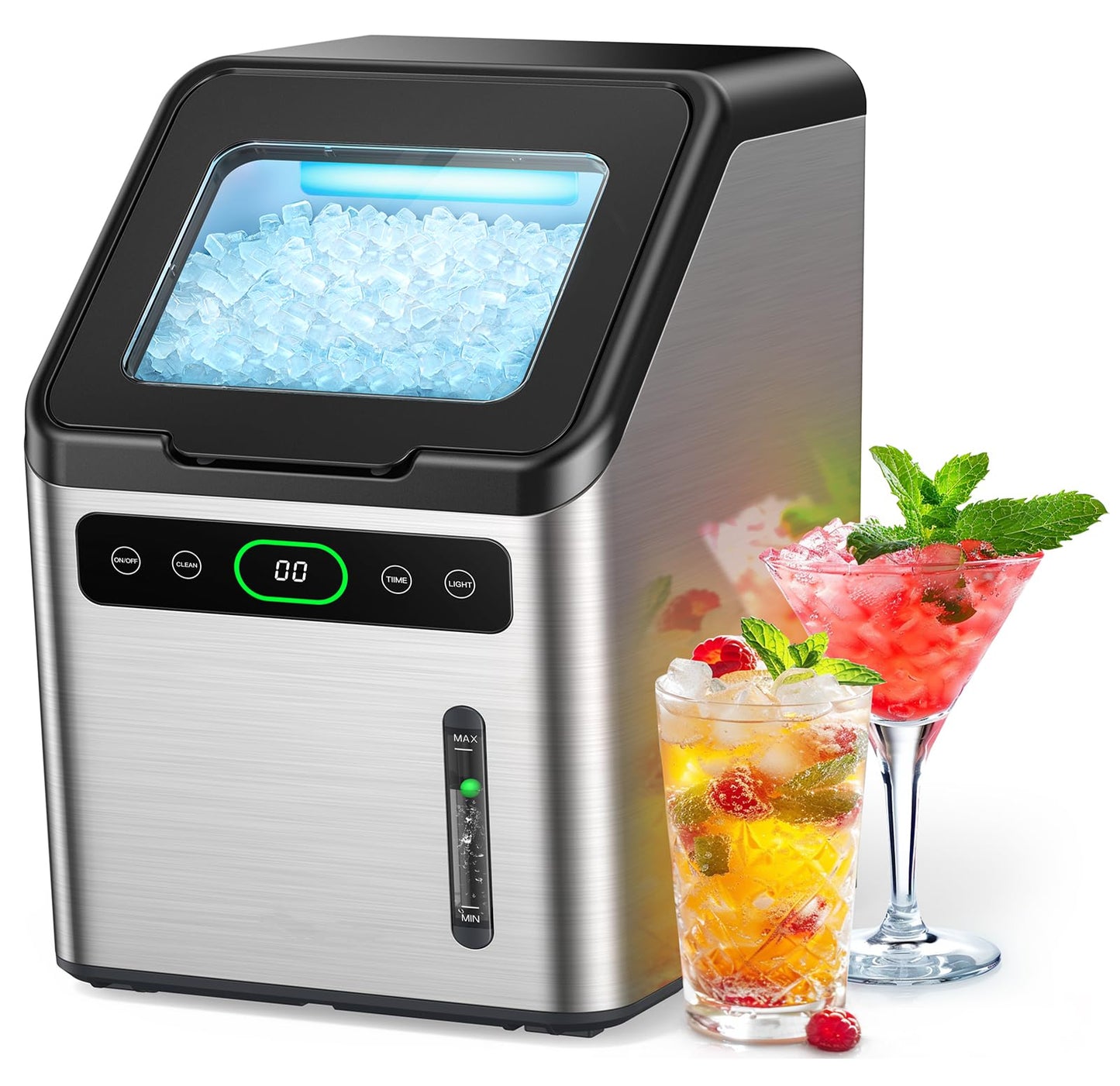 Totnz Nugget Ice Maker Countertop, 44lbs per Day with Self-Cleaning Function，Timer Pebble Ice Maker with Soft Chewable Ice for Home Kitchen Office Bar Party,Stainless Steel