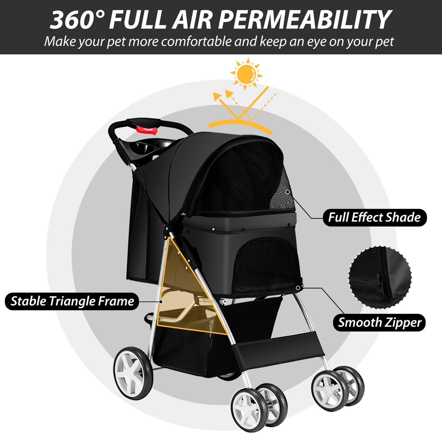 Unisakey 4 Wheels Pet Stroller for Small Medium Dogs Cats 10-33 lbs, Foldable Dog and Cat Stroller with Cup Holder & Storage Basket & Breathable Mesh, Pet Strolling Cart for All-Season, Black