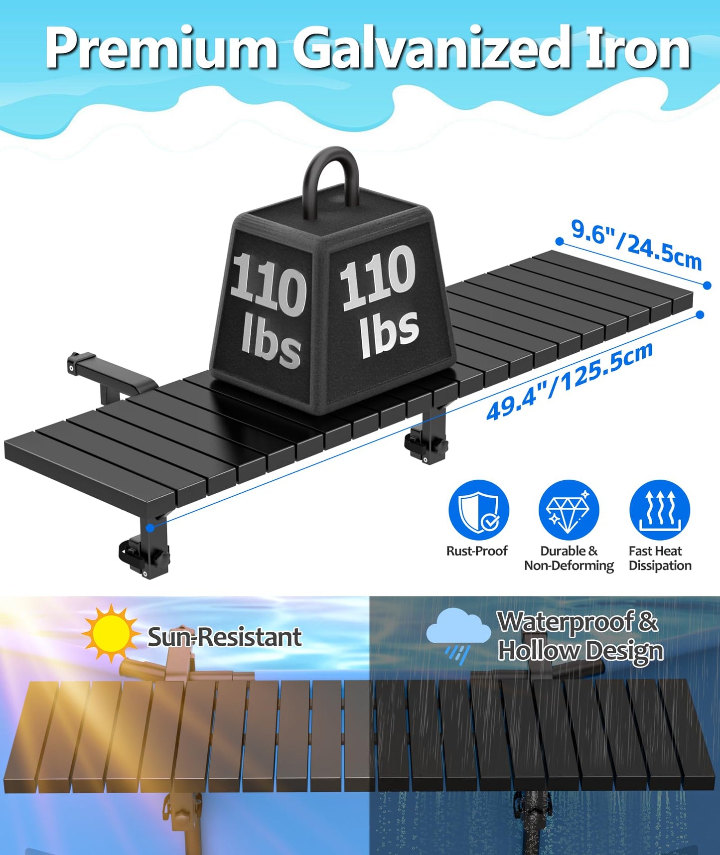 BoYata Pool Bar, Above Ground Pool Side Bar, 49.4×9.6" Galvanized Iron Poolside Table Holds 110LBS, Swim Up Bars Fit Top Rails 4.48" or Less, Frame Above Ground Round & Oval Swimming Pools Accessories