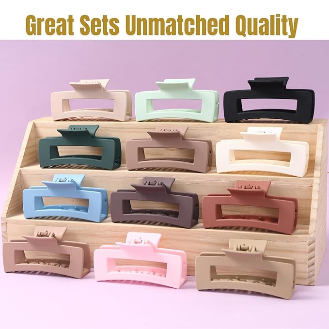12 Pcs Neutral Square Hair Claw Clips – 4.3" Matte Finish Rectangle Claws for Women Thick & Thin Hair, Everyday Bulk Hair Accessories Set
