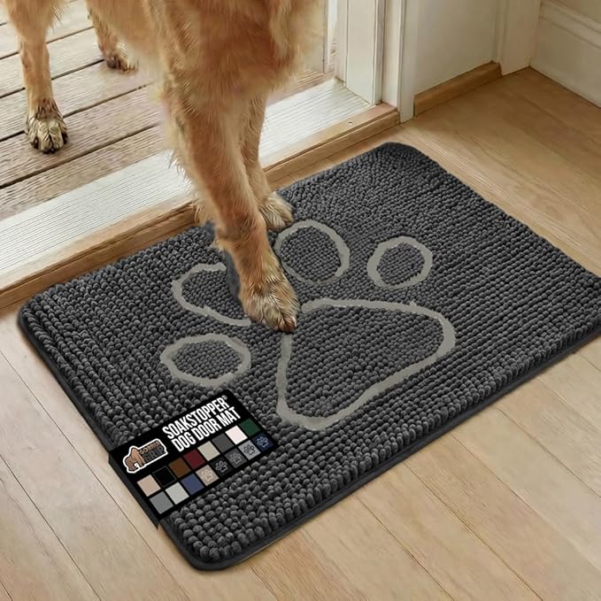 GORILLA GRIP SoakSTOPPER Dog Door Mat, Machine Washable Rug Absorbent Doormat Captures Moisture Mud Dirt, Quick Dry Soft Chenille Entryway Rugs Indoor Entrance Mats for Dog Paws, 24x17 Charcoal