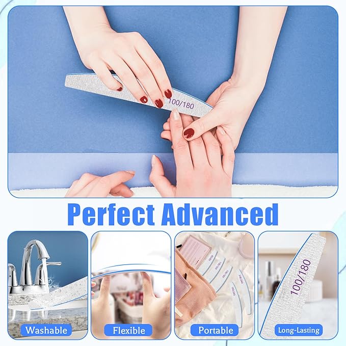 Poly Nail Extension Gel Files 100/180 Grit - 12 PCS Emery Boards for Acrylic Nails - Double-Sided Washable Coarse File Manicure Tools for Home and Salon Use