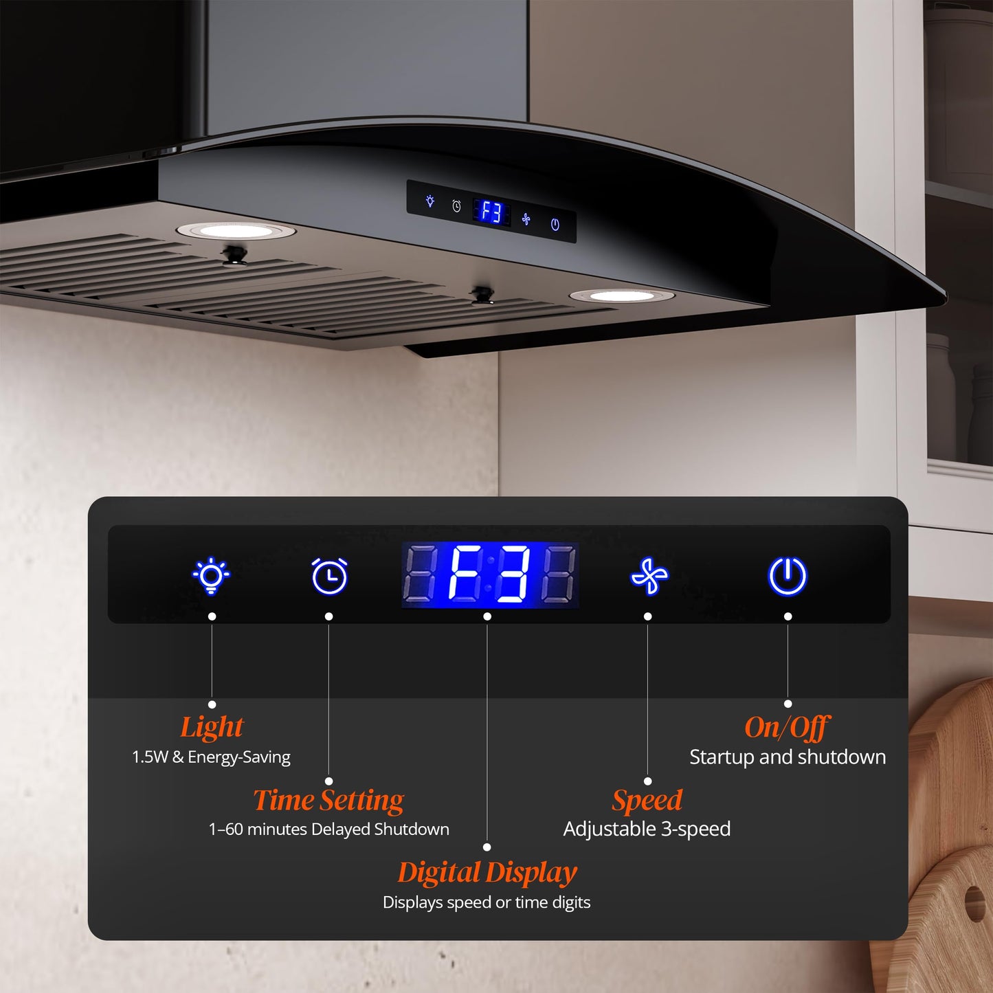FIREGAS Range Hood 30 inch, 600 CFM Wall Mount Glass Kitchen Hood Ducted/Ductless Convertible with 3-Speed Fan, Screen Control, Time Setting, LED Lights, Black Painted Stainless Steel Vent Hood