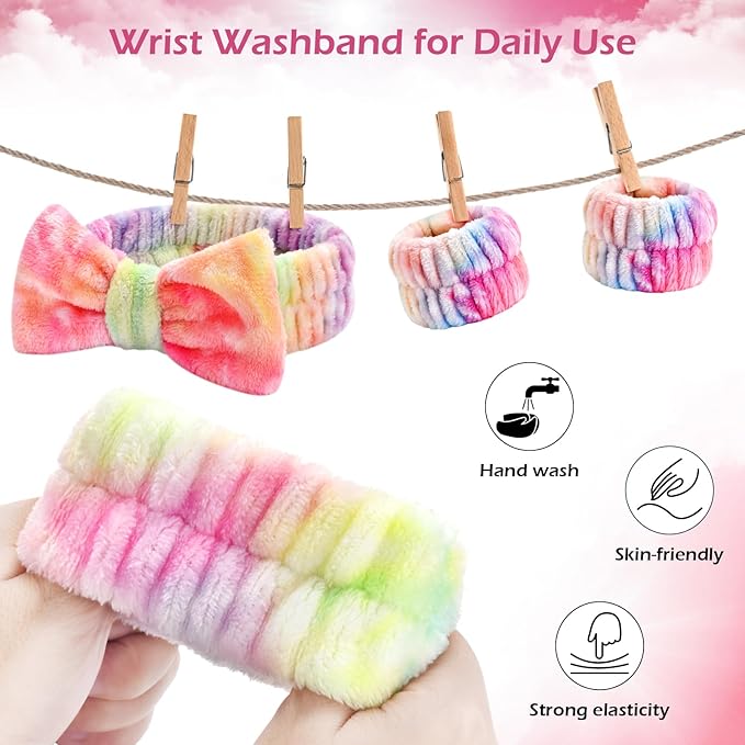 3PCS Spa Headband and Wristbands Set for Women, Soft Microfiber Face Wash Headband with Cute Bow, Elastic Absorbent Wrist Towels, Makeup Skincare Accessories for Facial, Shower, Yoga