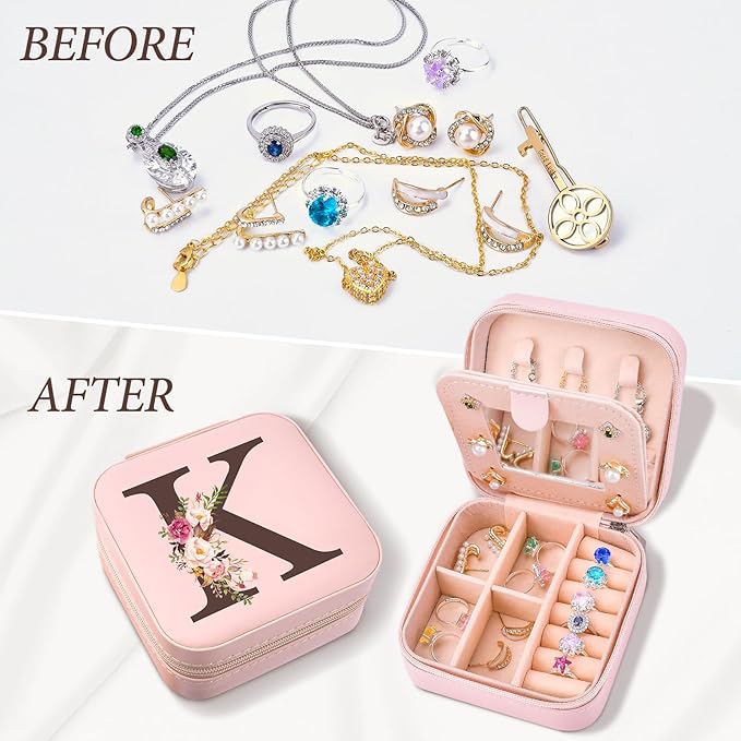 Christmas Gifts for Mom from Daughter Son, Personalized Birthday Giftware for Women, Mother Day Mom Gifts Small Travel Jewelry Box Travel Jewelry Organizer with Mirror, Initial K