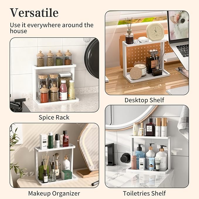 PEKER Bamboo Bathroom Organizer Countertop Ã¢ÂÂ Small Vanity Storage Shelf for Makeup, Perfume, Skincare Ã¢ÂÂ Natural Cosmetics Display Rack for Dresser, Sink, Kitchen Ã¢ÂÂWhite