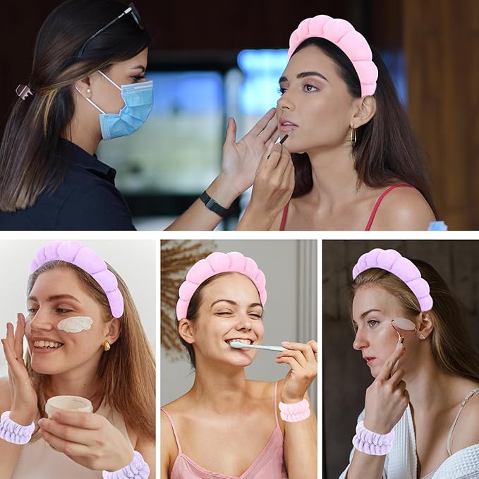 6Pcs Spa Set, Terry Cloth Headbands & Wrist Washbands for Face Washing