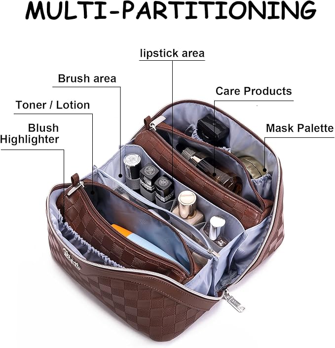 BOYATU Travel Makeup Bag Organizer Cosmetic Bag: 3 Pcs Set Make up Bags for Women with Handle - Waterproof Vegan Leather Toiletry Bags Travel Essentials Pouch with Compartments (03-A-Coffee)